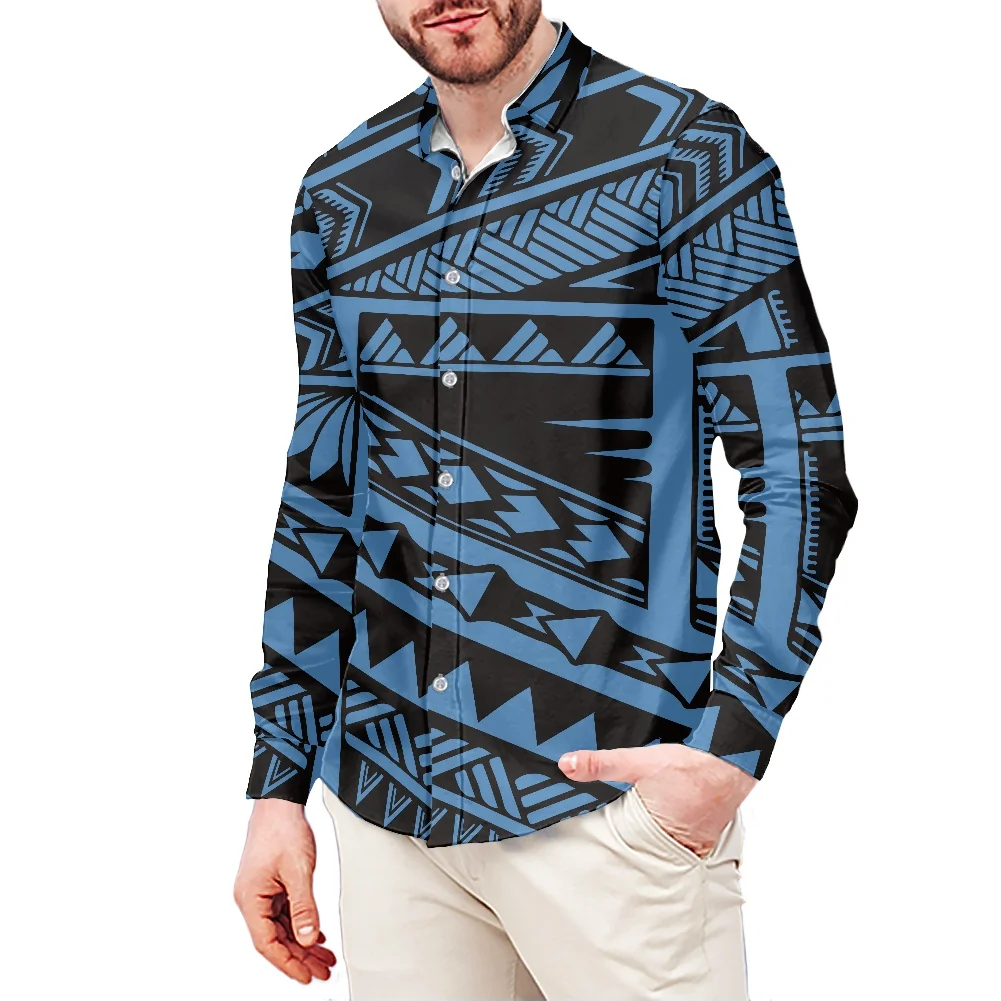 

Latest Shirts For Men 2021 Style Tribal Print Samoan Blue Dress Shirt For Men Polynesia Men Shirt Long Sleeve Custom Logo