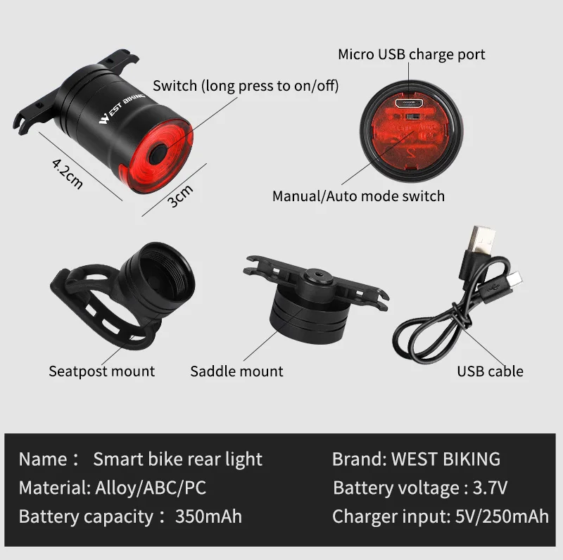 

WEST BIKING Smart LED Bicycle Tail Light USB Rechargeable Auto Start/Stop Waterproof Bike Brake Sensing Safety Warning Light
