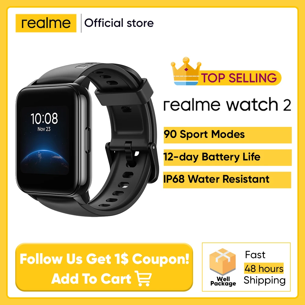  Realme Watch 2 Smart Watch 90 спортивных режимов 12 дней Срок службы батареи уровень кислорода в крови и частоты сердечных сокращений монитор IP68 Вод…
