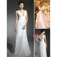 dress free shipping 2016 costom white dress new lace over satin a line v neck sweep train wedding dress