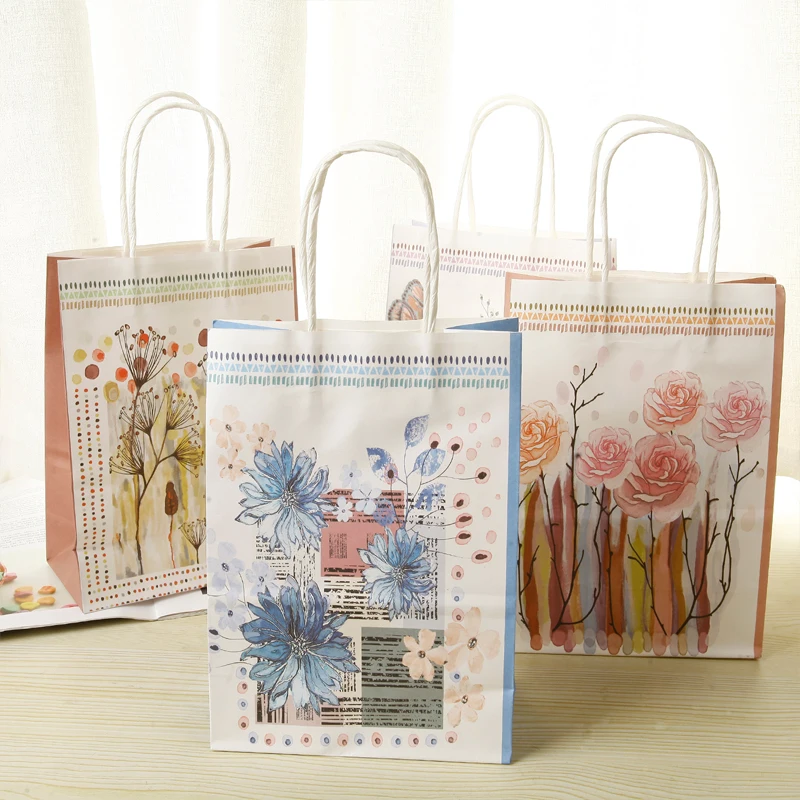 

10pcs/lot New Flower Rose Dandel Kraft Paper With Handle Birthday Party Creative New Year Party Multifuntion Package Bags