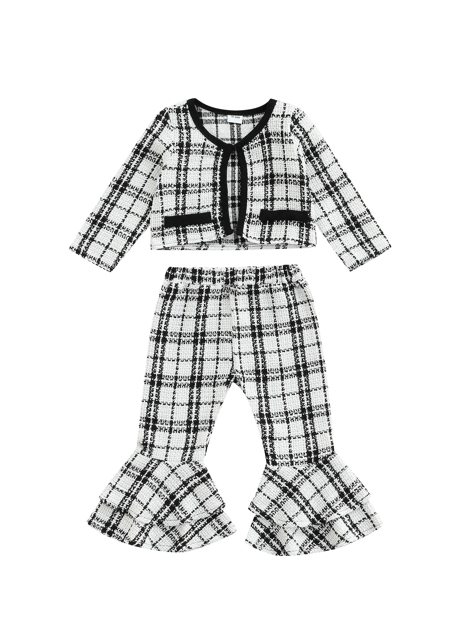 

Комплект брюк для маленьких девочек, клетчатая кофта на пуговицах с длинным рукавом и V-образным вырезом, многослойные открытые штаны с элас...