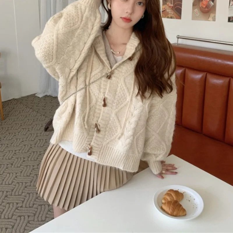 

Soft Waxy Heavy Industry Mahua Hooded Sweater Cardigan Autumn and Winter Design Sense Cowboy Button Sweater Jacket