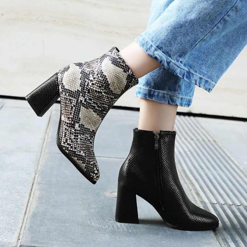 

Meotina Autumn Ankle Boots Women Snake Print Chunky Heels Short Boots Zipper Super High Heel Shoes Female Winter Plus Size 33-43