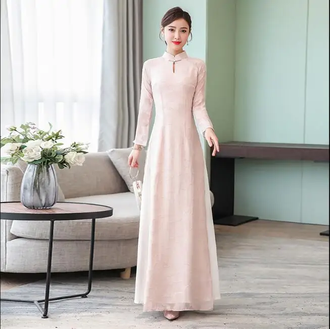 Г. Вьетнамское платье с длинными рукавами Cheongsam Традиционный китайский платье осенний аозай - Цвет: light pink