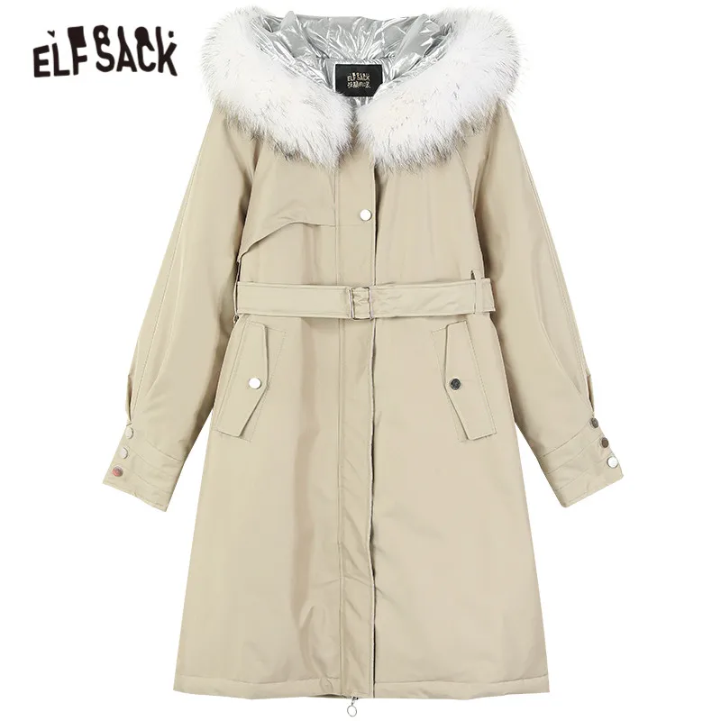 

ELFSACK Khaki Solid Pure Oversize Hooded 90% White Down Coat Women,2020 Winter Fur Collar Korean Ladies Daily Warm Outwear