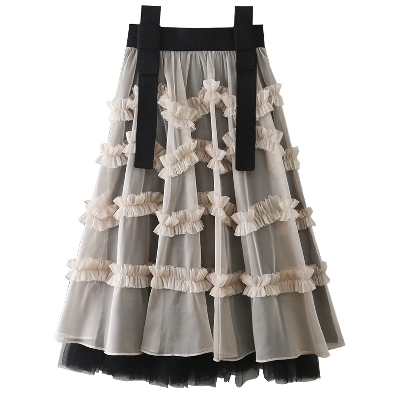 

2022 Spring Stitched Mesh Small Black Skirt Women's High Waist Pleated Fungus Lace Korean A-shaped Mesh Skirt Gothic Mini Skirt