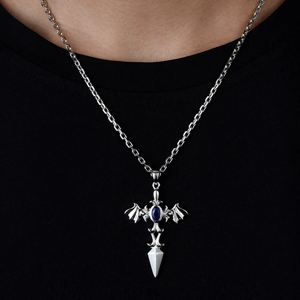 Купи Europe Fashion Vintage Cross Necklace for Men Blue Crystal Demon Sword Pendant Long Punk Chain Men Necklace 925 Silver Jewelry за 2,507 рублей в магазине AliExpress