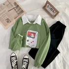 Имитация двух частей толстовки с широкими штанинами костюм для женщин студенток Корейская версия свободного поло с воротником 2022 Новая Осенняя мода Harajuku Sty