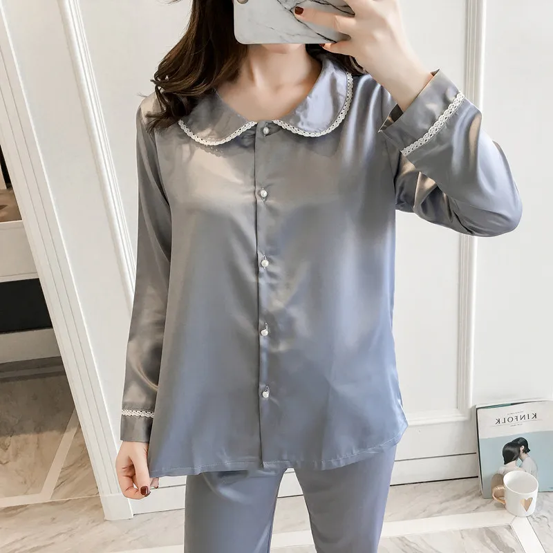 Пижама женская розовая на пуговицах из искусственного шелка с длинным рукавом 2