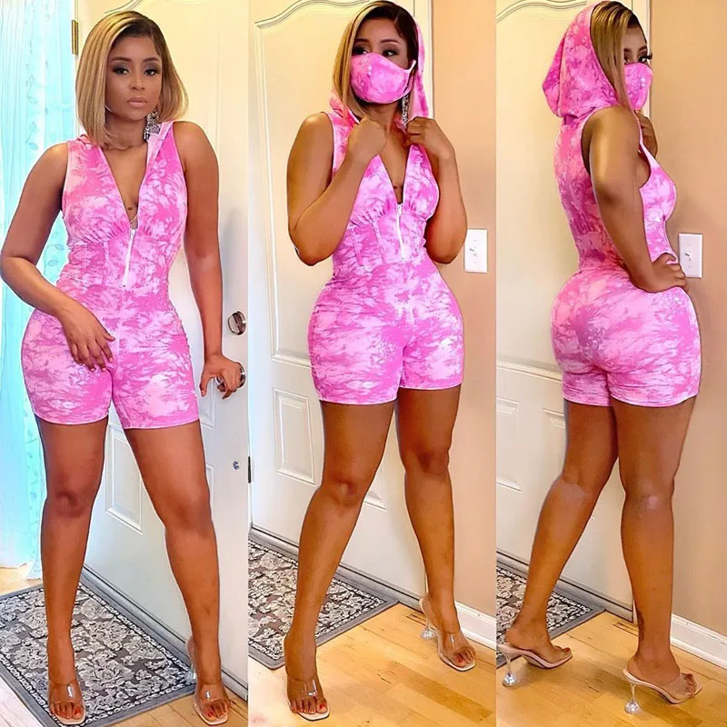 

Women Tie Dye Prinyed Two Piece Matching Sets Sleeveless Hoodies & Shorts Plus Size Suits