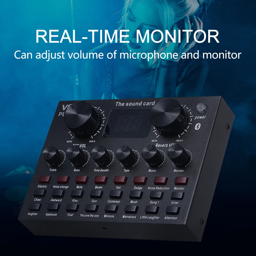 

V8 Plus Live Sound Card with Audio Cable USB Cable BT Accompaniment Sound Effects Universal for Phone Computer