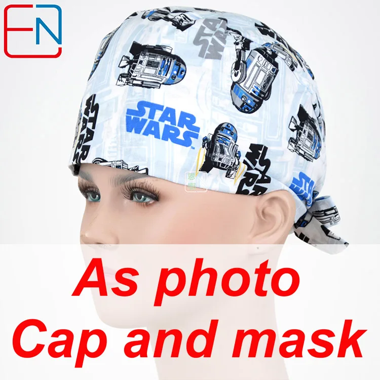 New Surgical Caps Medical Newly Surgical Scrub Caps Mask For Men Women With Sweatband Cotton Medical Caps Printed Unisex - Цвет: Cap and mask