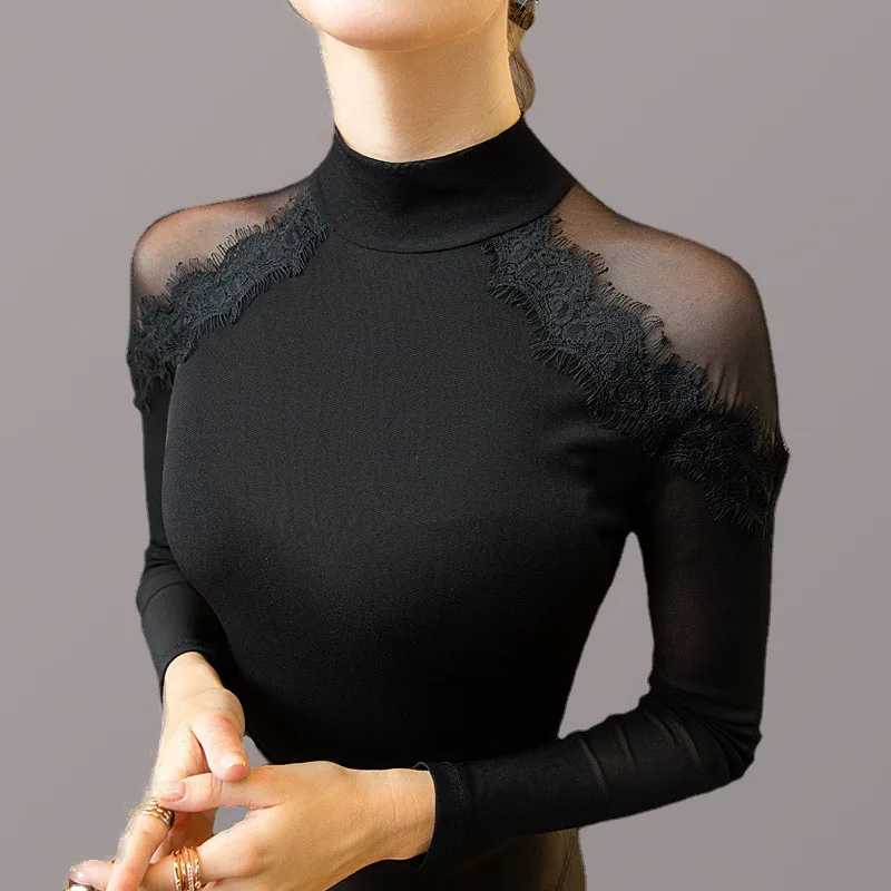 

Женская Сетчатая футболка с высоким воротником, однотонные женские футболки с длинным рукавом, женская одежда на весну и осень, Универсальн...