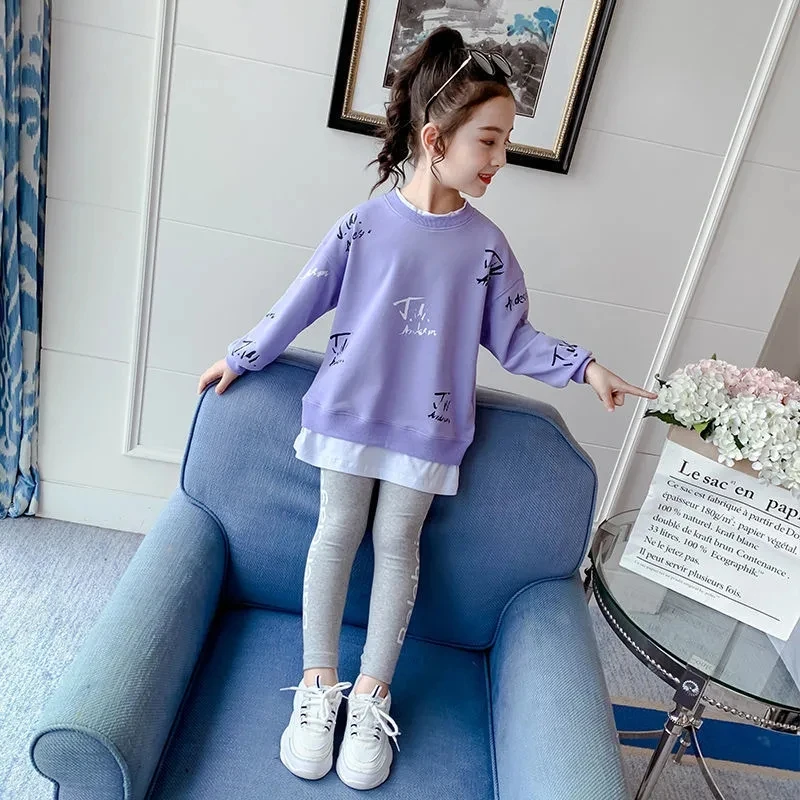 

2021 Kids Clothes Suit Little Girls Autumn Clothing Casual Big Children's Print Tops Sweater+ Leggings Two-Piece Set For Teens