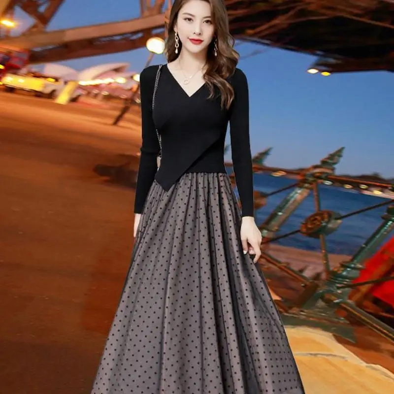 Timis Li/длинные платья трикотажный топ с кружевным пухом и длинным рукавом