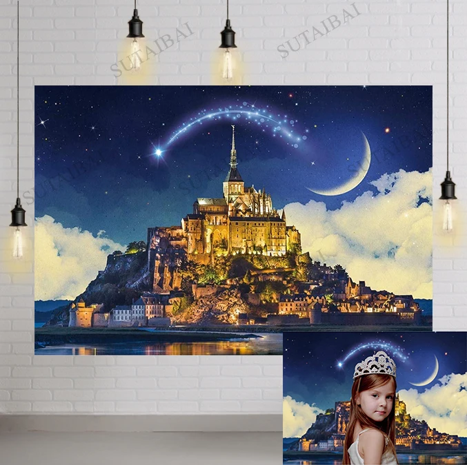 

Magic Dreamy Castle Backdrop Starry Sky Tale Night Park Photography Background Summer Wedding Anniversary Decoration