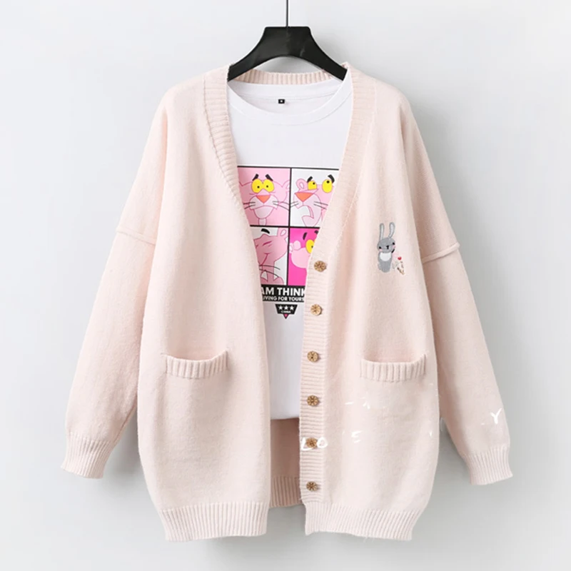 

Spring Autumn New Solid Knitted Cardigan Jacket 2021 Cartoon Embroidery Women's Sweater Coat V Neck Loose Female Cardigan