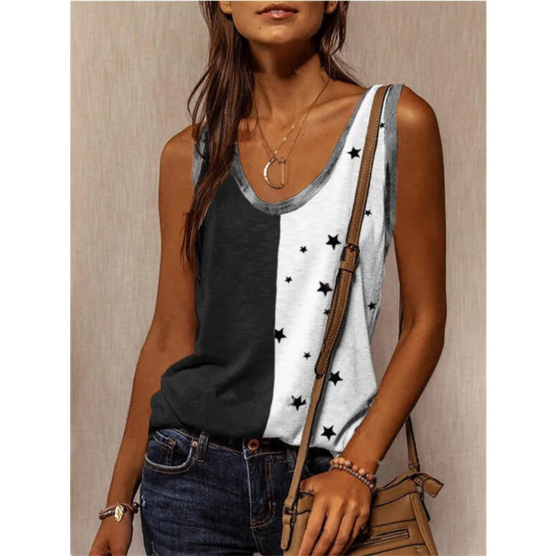 

2021 Summer Women's New Loose Hedging Casual U-Neck Street Hipster Sleeveless Star Print Sexy Comfortable Vest T-Shirt