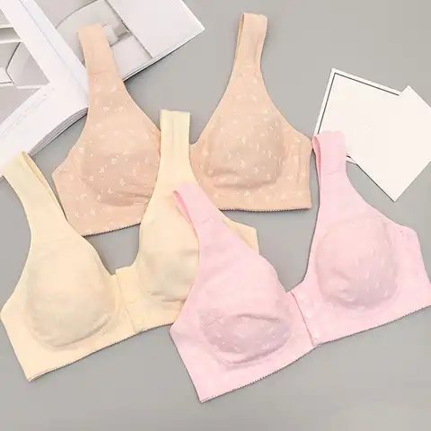 Women's Underwear Middle-Aged Elderly Seamless Solid Color Large Size Front Button Bra Push-Up Women's Bra Wireless Cotton Vest