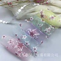 5yards glitter powder stars printed organza stain ribbon diy craft gift bouquet wrapping hairwear bowknot clothing accessories
