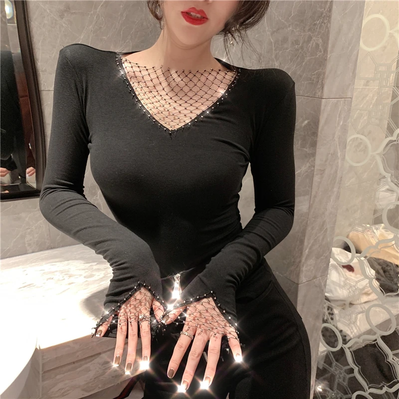 Chic Women Thin T-shirts Spring Long Sleeve Rhinestones Pullovers Femme Shiny Black Tops | Женская одежда