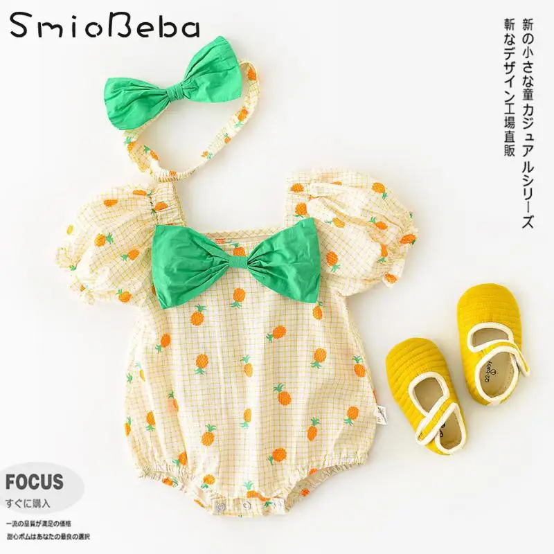 

Summer Pineapple Green Bowtie Rompers With Headband Baby Girl Printed Chest Big Bow Bebek Kiyafetleri Kids Jumpsuits Ropa Bebes
