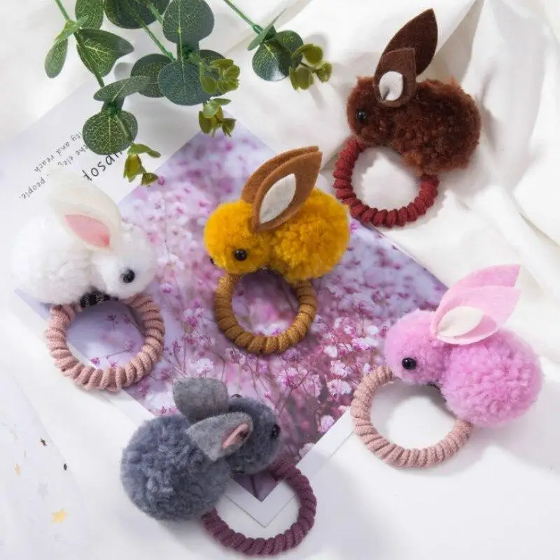 Bola de pelo de animal para ni&ntilde;a, anillo de pelo de conejo, banda de goma el&aacute;stica, bandas para el pelo coreanas, accesorios para el cabello, adornos-2