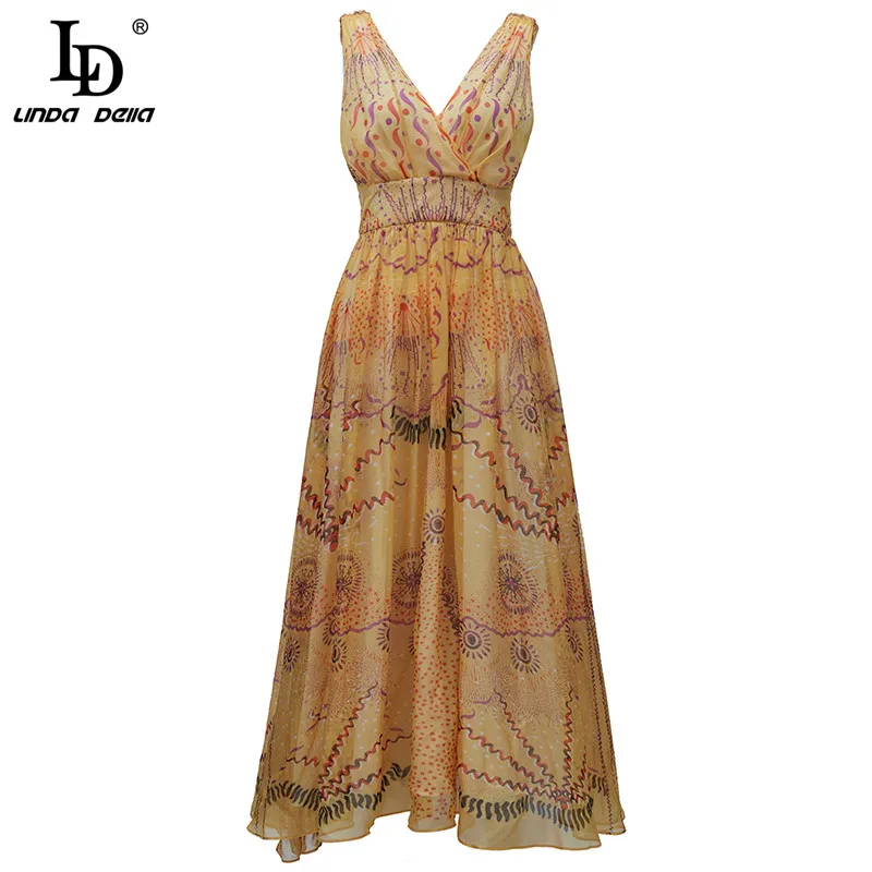 

LD LINDA DELLA New 2021 Summer Runway Elegant Vacation Chiffon Dress Women V-neck Fashion Vintage Print Sexy Backless Dress