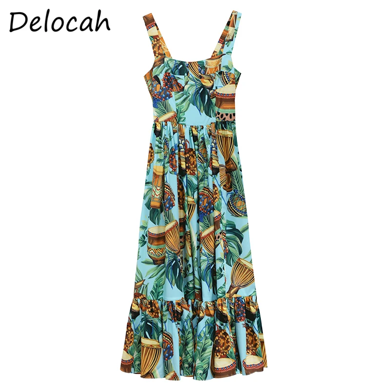 

DelocahSummer Sexy Spaghetti Strap Female Holiday Dress Women High Waist Empire Vintage Printed Ladies Long Dresses vestidos