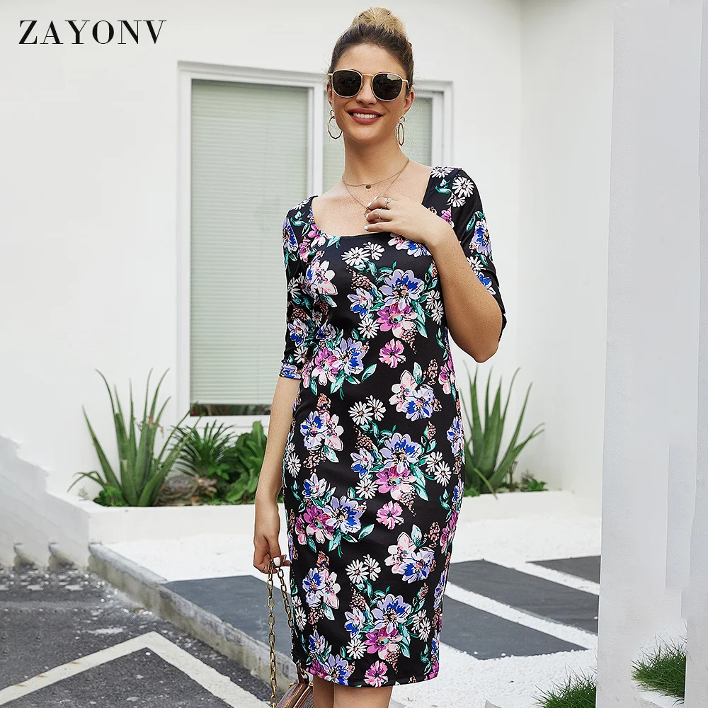 

ZAYONV Женское повседневное офисное платье-карандаш с рукавами 3/4 и U-образным вырезом с цветочным принтом