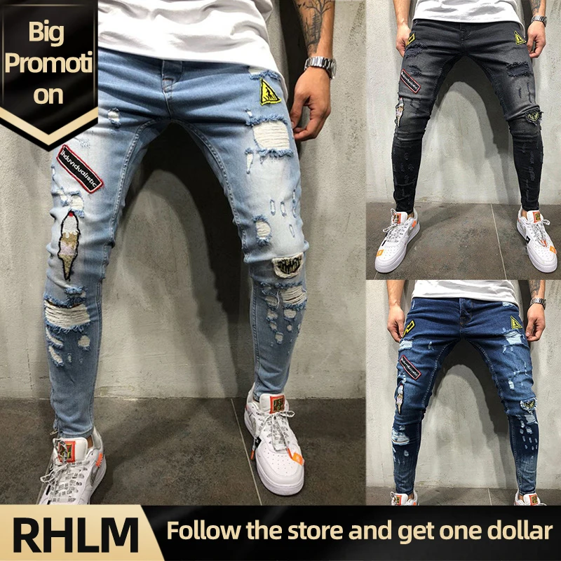 

RHLM Skinny ripped jeans men Pants Pencil Biker Side Striped Jeans Destroyed Hole Hip Hop Slim Fit Man Scratched Jean Pant Chic