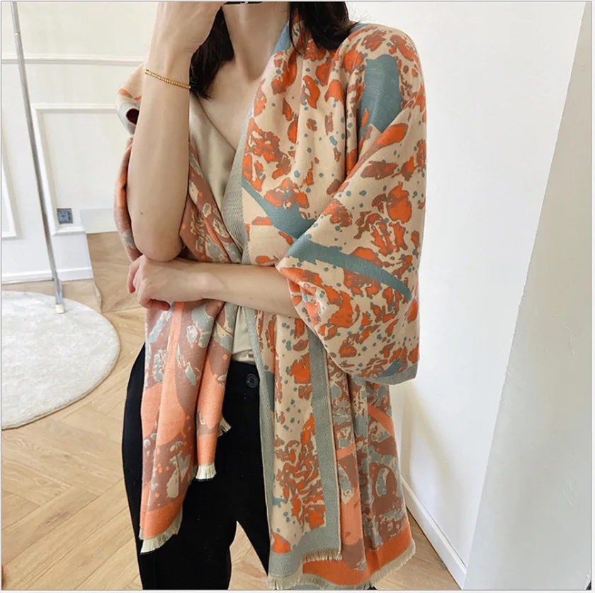 

Imitation Cashmere Cloak Big Shawl Air Conditioner Joker Floral Dual-purpose Warm Thicken Scarves Korean Version Women Winter