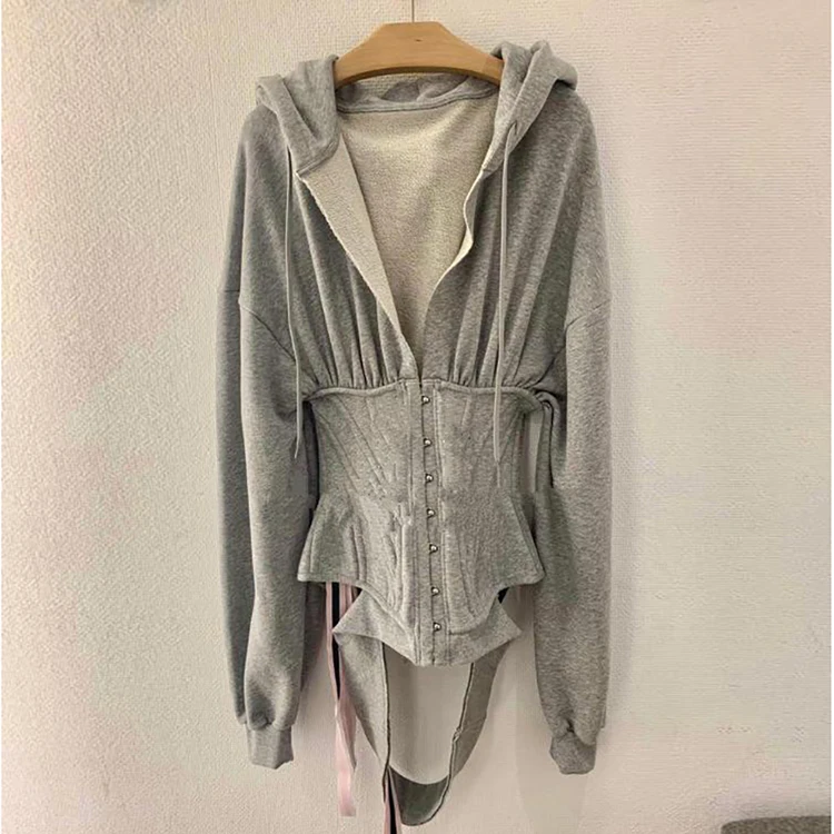 Высококачественная толстовка на молнии Женская тонкий серый корсет модная