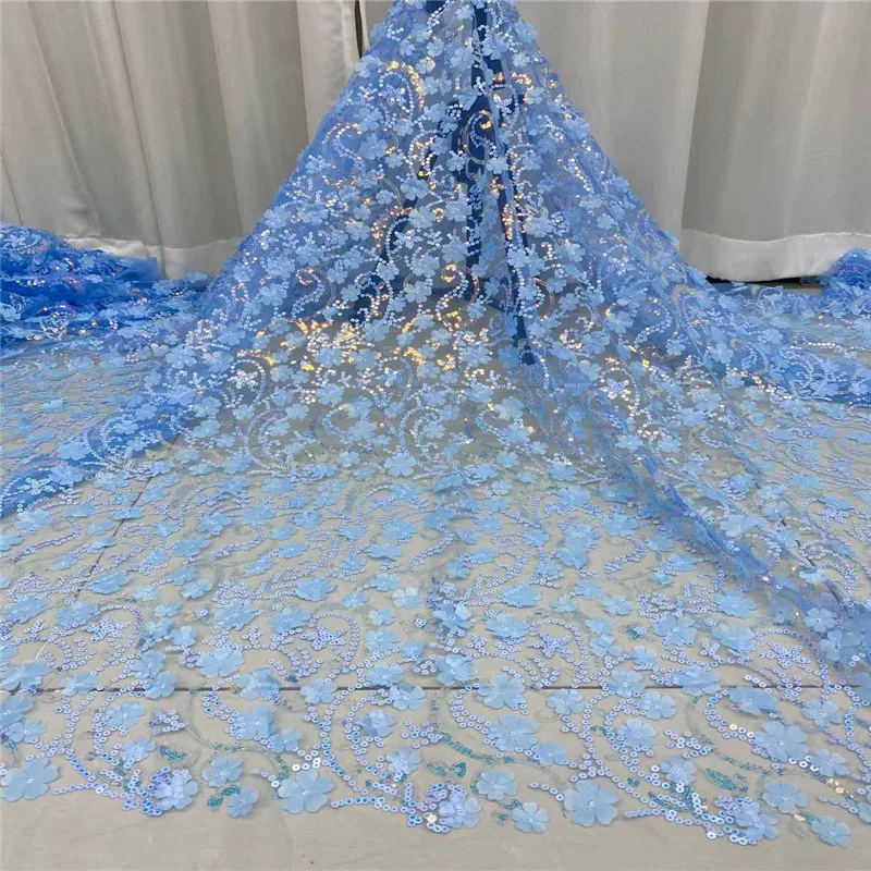 

Французская африканская вышивка, сетка, кружево, 3D Цветочная ткань, небесно-голубой, высокое качество, нигерийские кружевные ткани для вече...