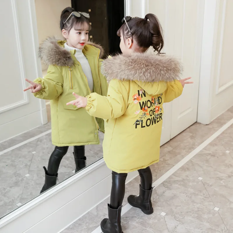 Зимняя куртка для девочек детское длинное пальто теплая парка с большим меховым
