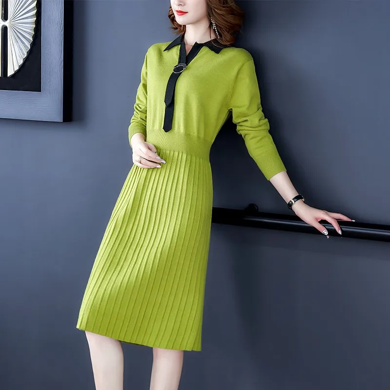 Новый элегантный OL отложной тонкий длинный свитер платье женское плотное