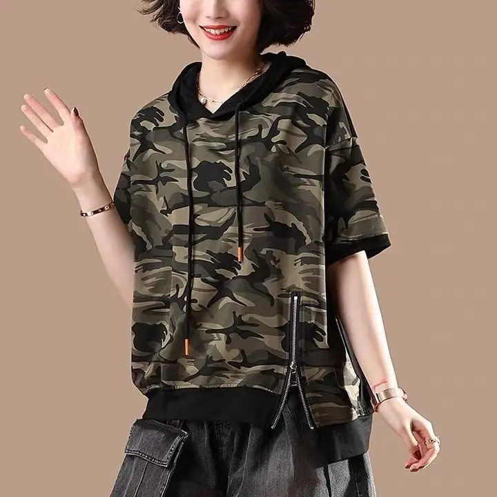 

Camouflage T-shirt women's short sleeve loose T-shirt 2021 new summer Korean version of large size hooded casual jacket tide