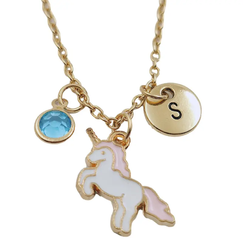 

New Pink unicorn Initial Letter Creative Birthstone Gold Necklace Fashion Jewelry Women Gifts Christmas Accessories Pendant
