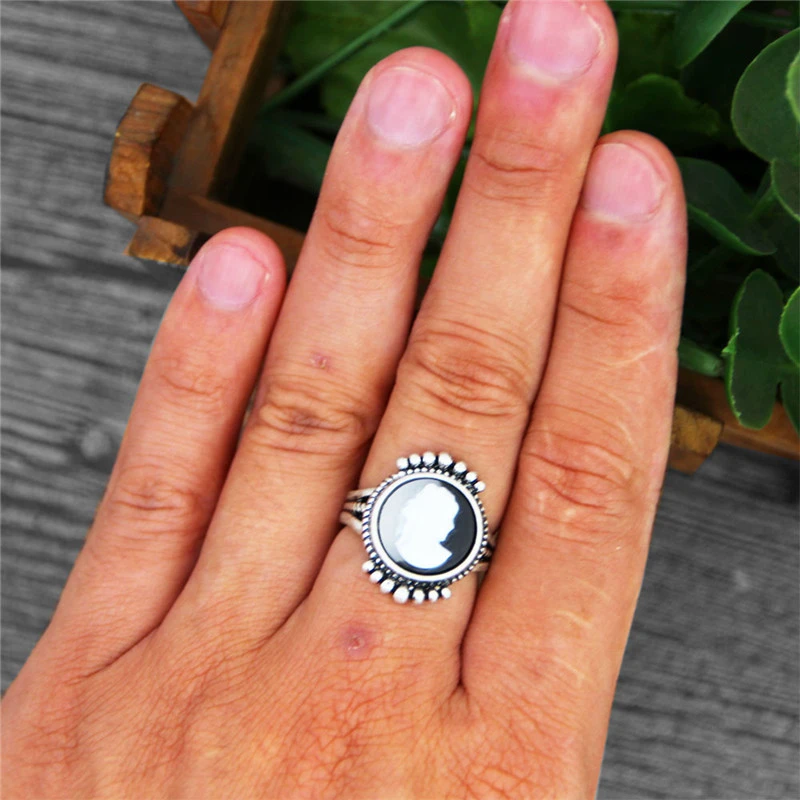 Круглое черно-белое женское кольцо-Камея для женщин Винтажное кольцо с хвостом