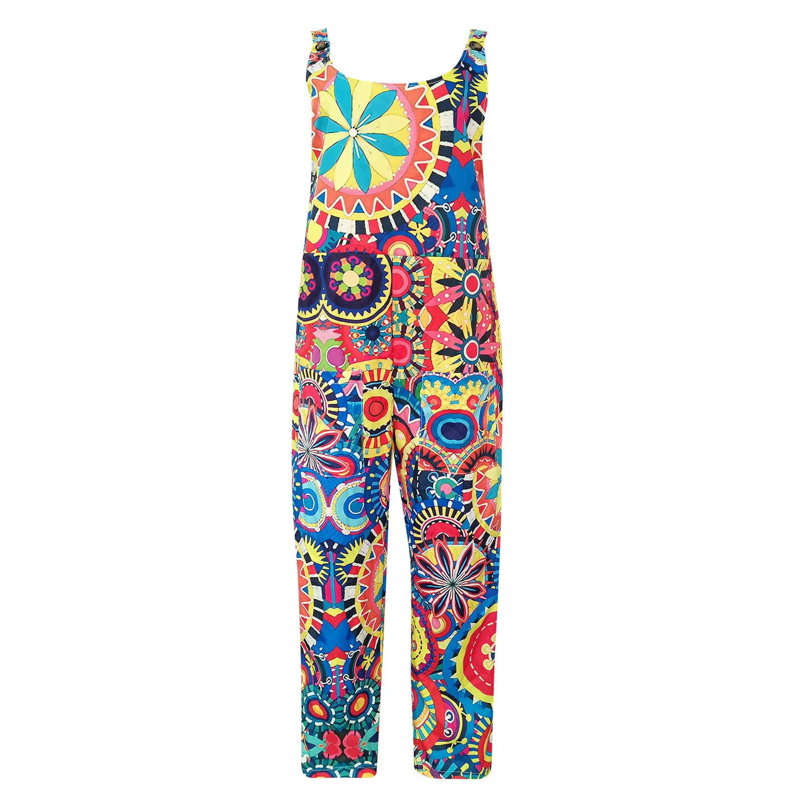 

60# Women Casual Floral Print Straps Jumpsuit O-neck Rompers Pocket Playsuit Long Jumpsuit Sleeveless Strap Loose Jumpsuit 2021