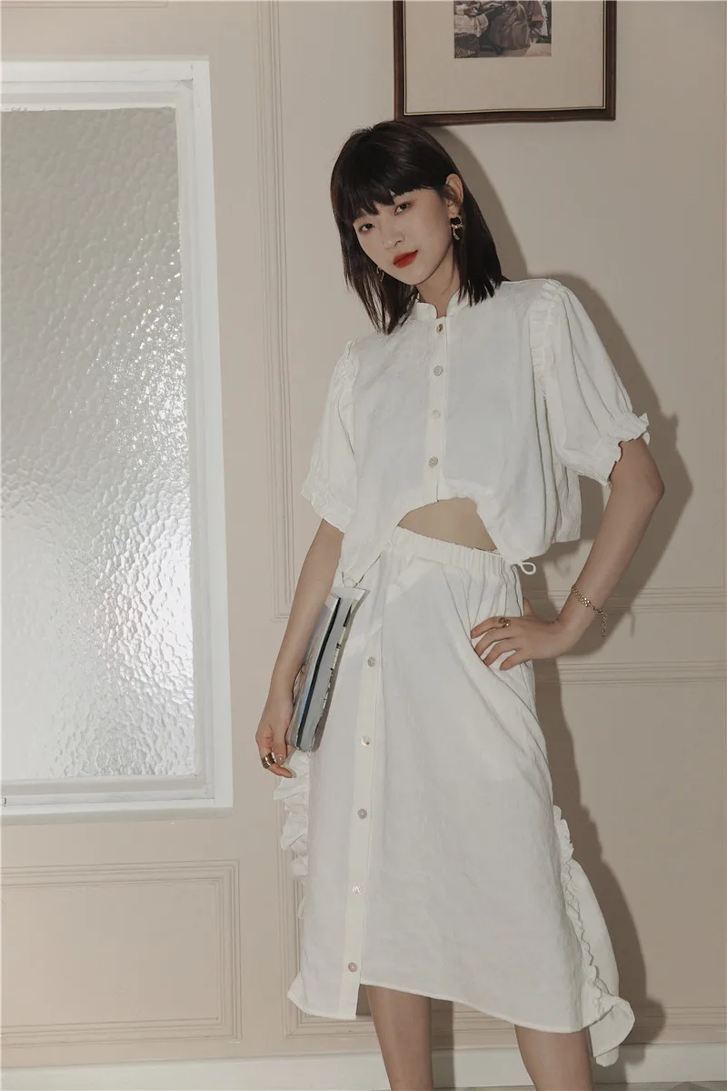 

White Cotton Ruffle Skirt High Waist Summer Button Up Asymmetrical Long Casual Skirt Womens 2020 Korean Fashion U137