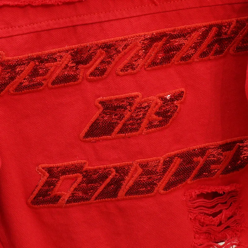 

Red Black Denim Women Basic 2020 Autumn Big size Holes Short Sequin Jacket Harajuku Fashion Female Jeans Coat