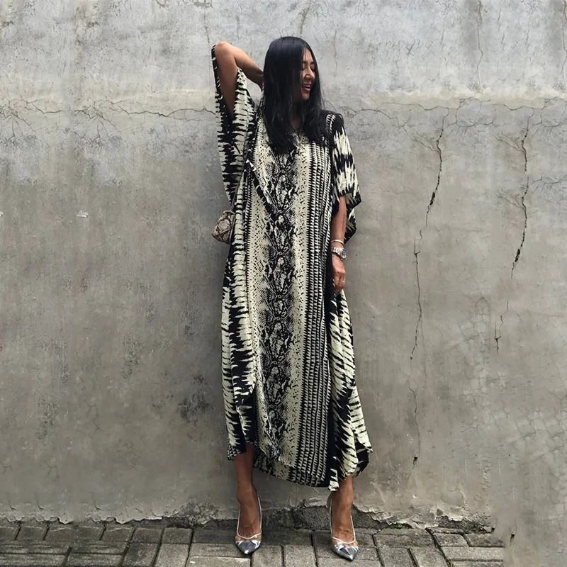 

2021 100% Cotton Bikini Sexy Cover-Ups Retro Snake Printed Self Belted Women Summer Dress Tunic Beach Wear Swim Suit Cover Up