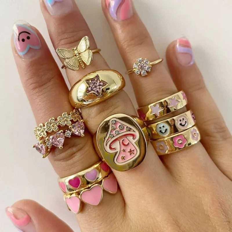 

New Adorable Colorful Enamel Heart Smile Flower for Women Girl Party Wedding Stacking Gold Color Love Eternity Finger Band Rings