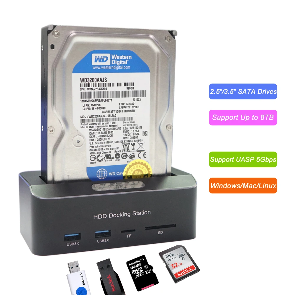 Внешняя док-станция 2 5 &quot/3 5&quot USB 3 0 Гбит/с SATA HDD SSD коробка с концентратор TF/SD