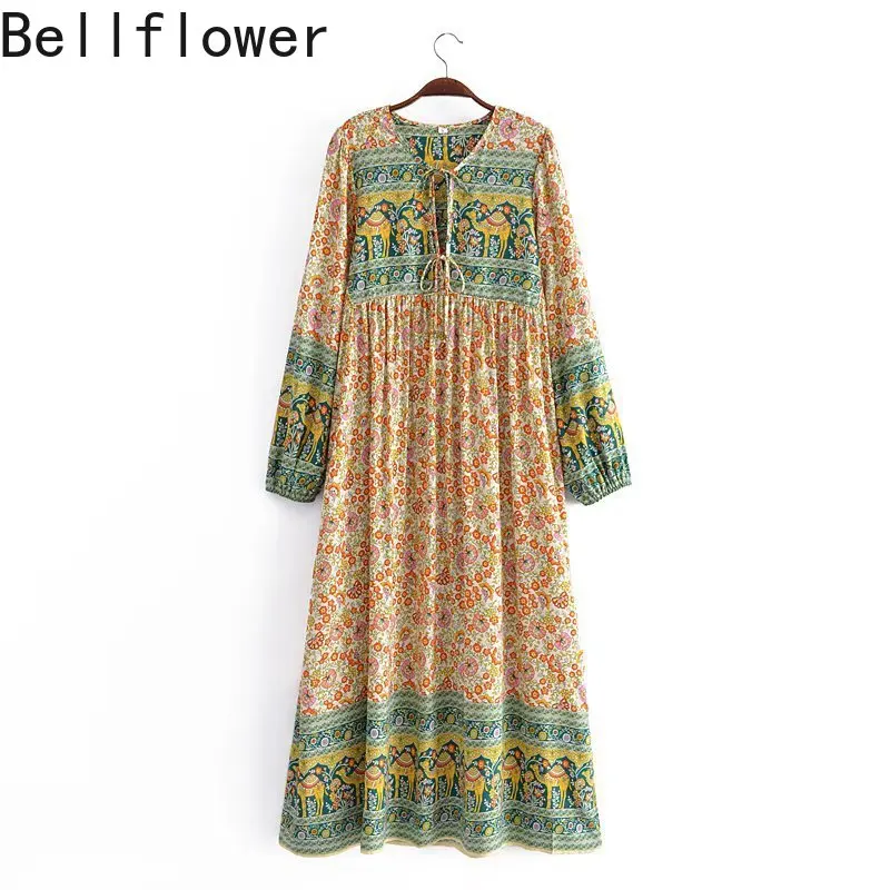 

Long Sleeve Bohemian Print Dresses Women Holiday O-Neck Puff Sleeve Summer Dress Boho Vestidos Largos De Verano Para Mujer