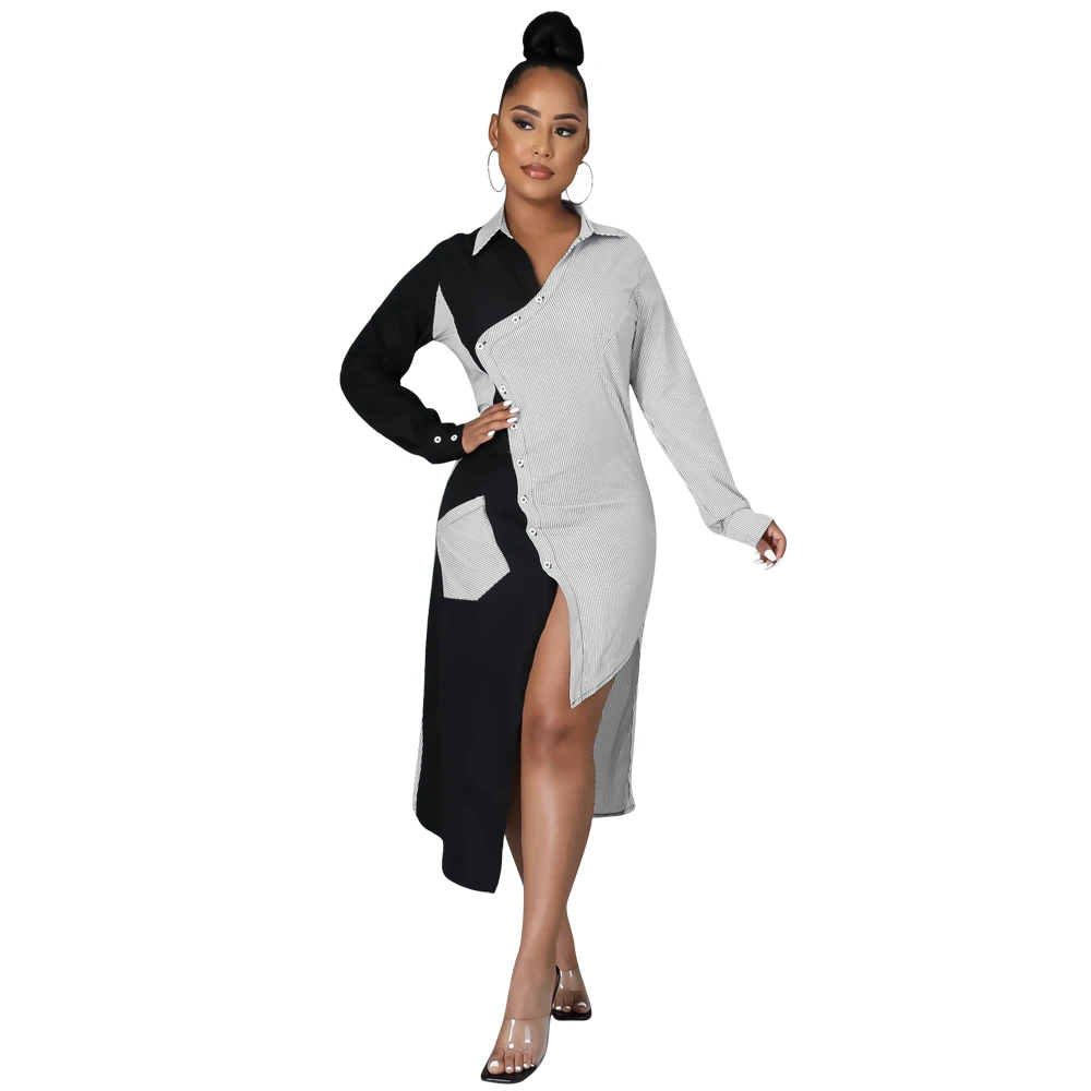 

Autumn Irregular Long Sleeves Women Dress New Arrivals Turn Down Neck Buttons Colors Spliced Fashion Lady Shirt Dresses