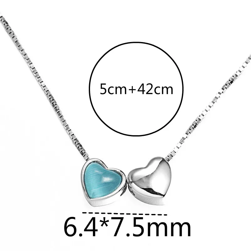 

925 Sterling Silver Blue Opal Double Heart Pendant Necklace For Women Handmade Lady Girl Student Fine Jewelry Flyleaf
