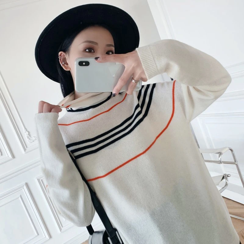 

Women Sweater 2021 Autumn and Winter New Striped Knitted Sweater Pile Collar Wool Seamless Bottoming Shirt Women